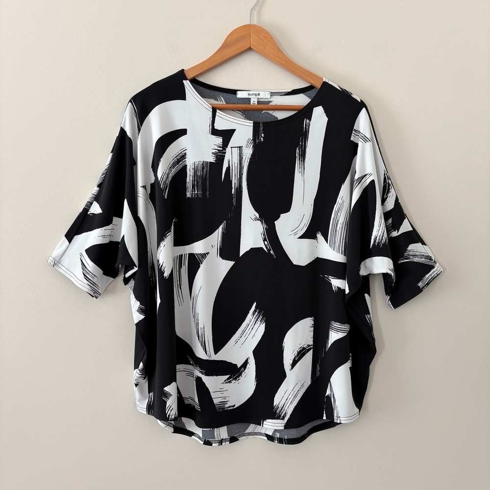 Sympli Top 14 Black White Abstract Brushstroke Boxy Relaxed Jersey